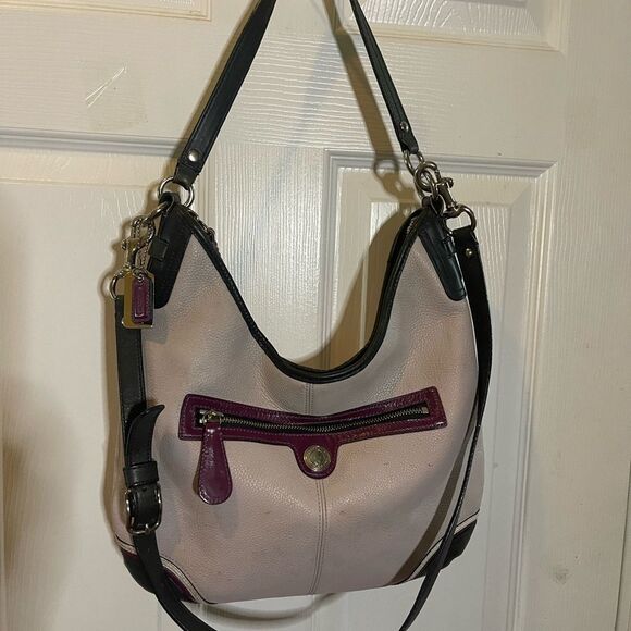 Coach Pebbled Leather Beige shoulder/Hobo Bag navy blue & burgundy straps & trim - Picture 5 of 15